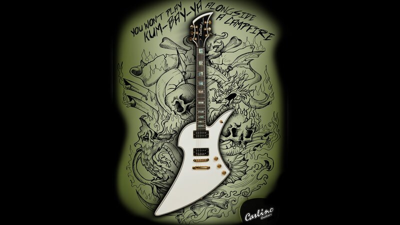 White guitar with dragon art