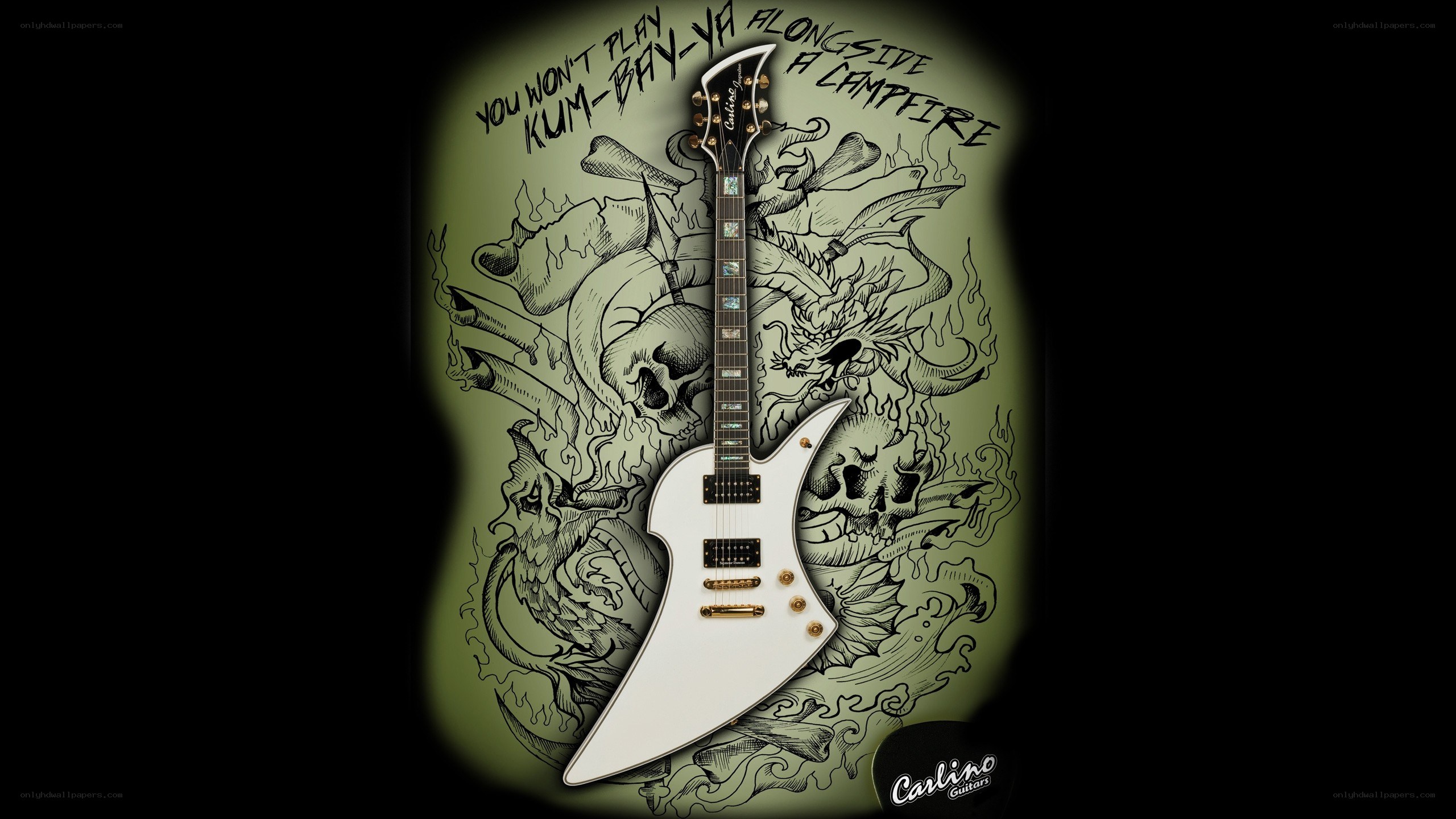 White guitar with dragon art