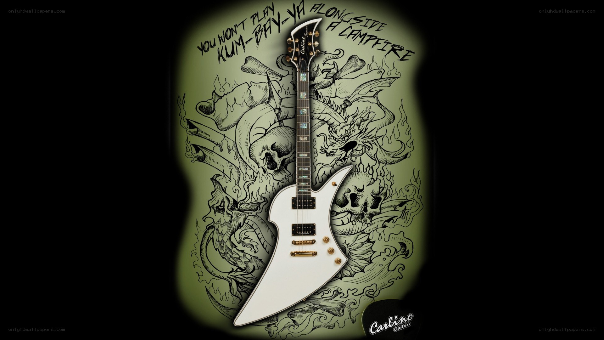 White guitar with skull art