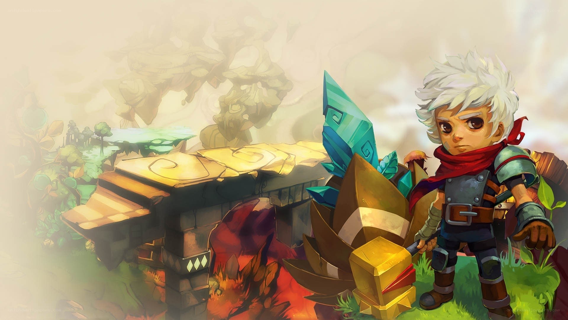 white-haired adventurer with crystals