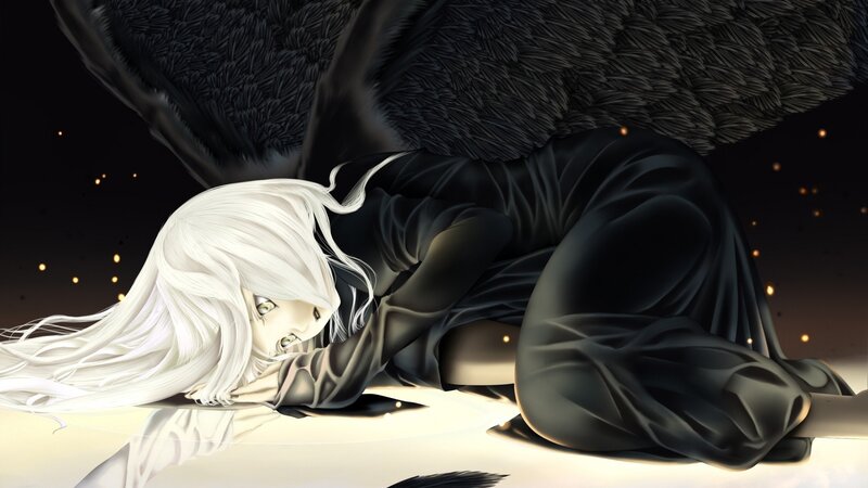 White-haired Angel with Black Wings — Dramatic, Night