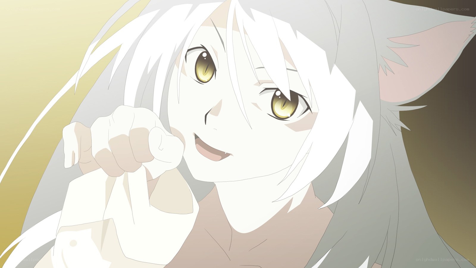 white-haired anime character with cat ears