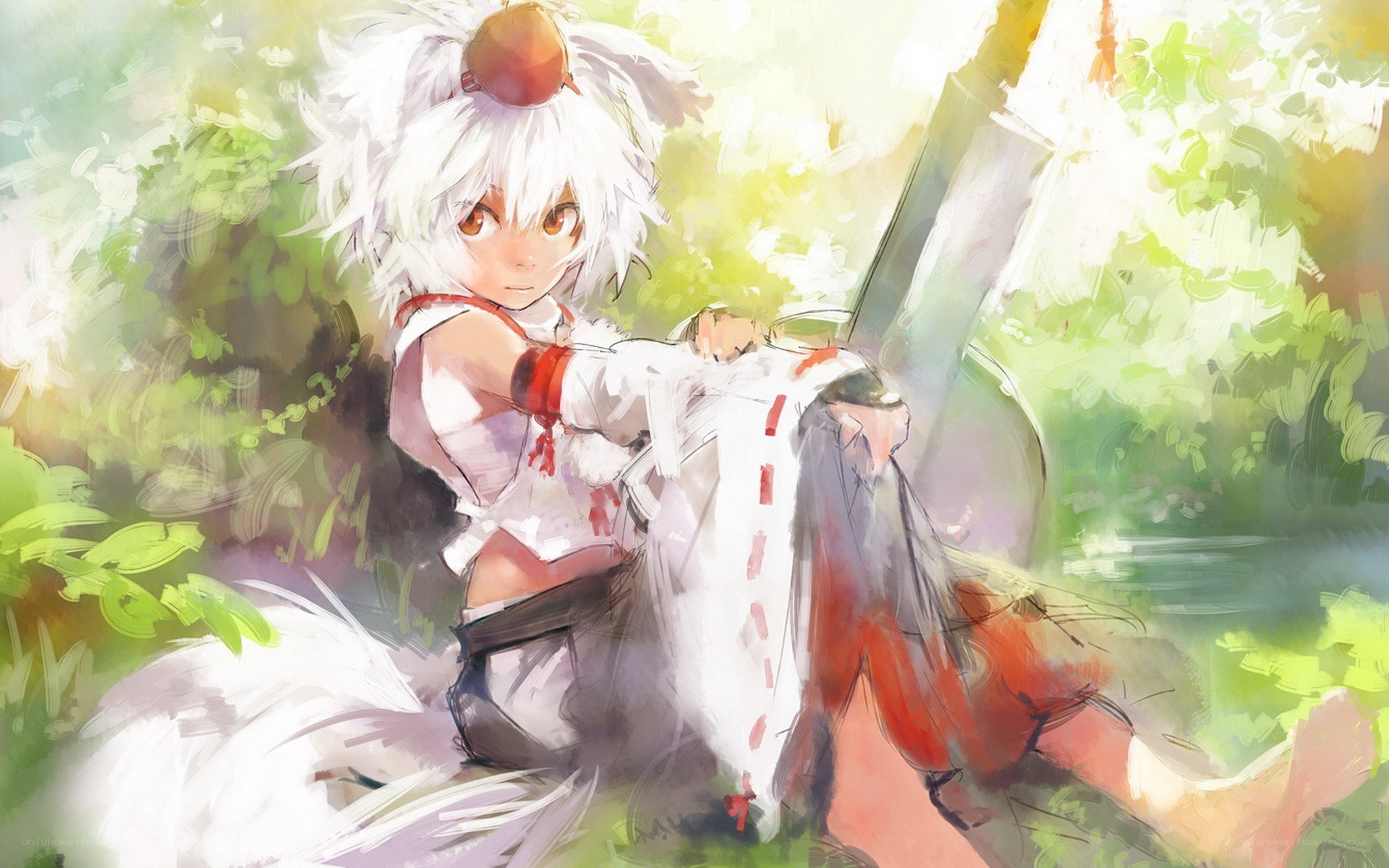white-haired anime girl in forest