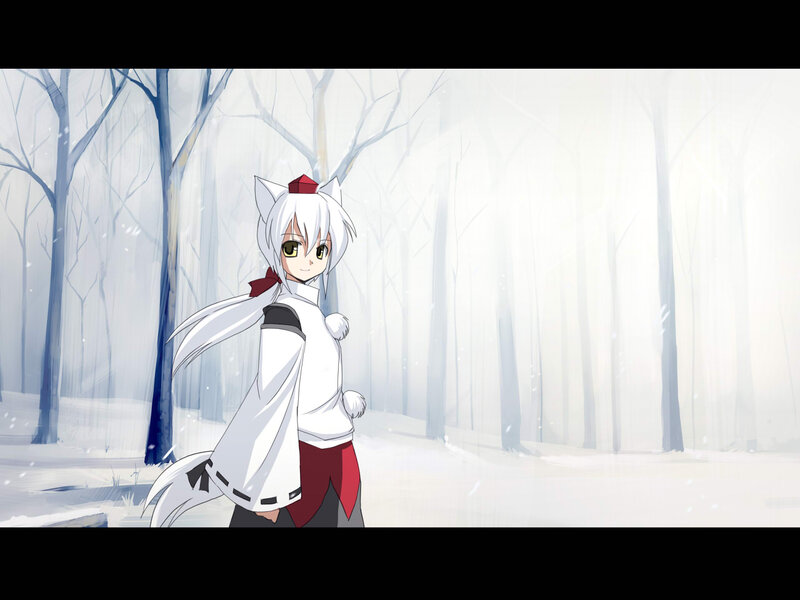 white-haired anime girl in winter forest
