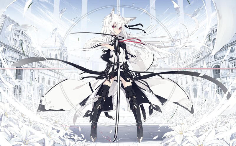 White-haired Anime Girl — White, Dramatic, Sword, Flowers