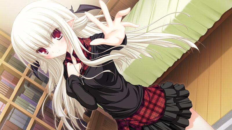 White-haired Anime Girl — White, Playful, Bookshelf