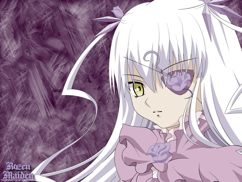 white-haired anime girl with purple dress