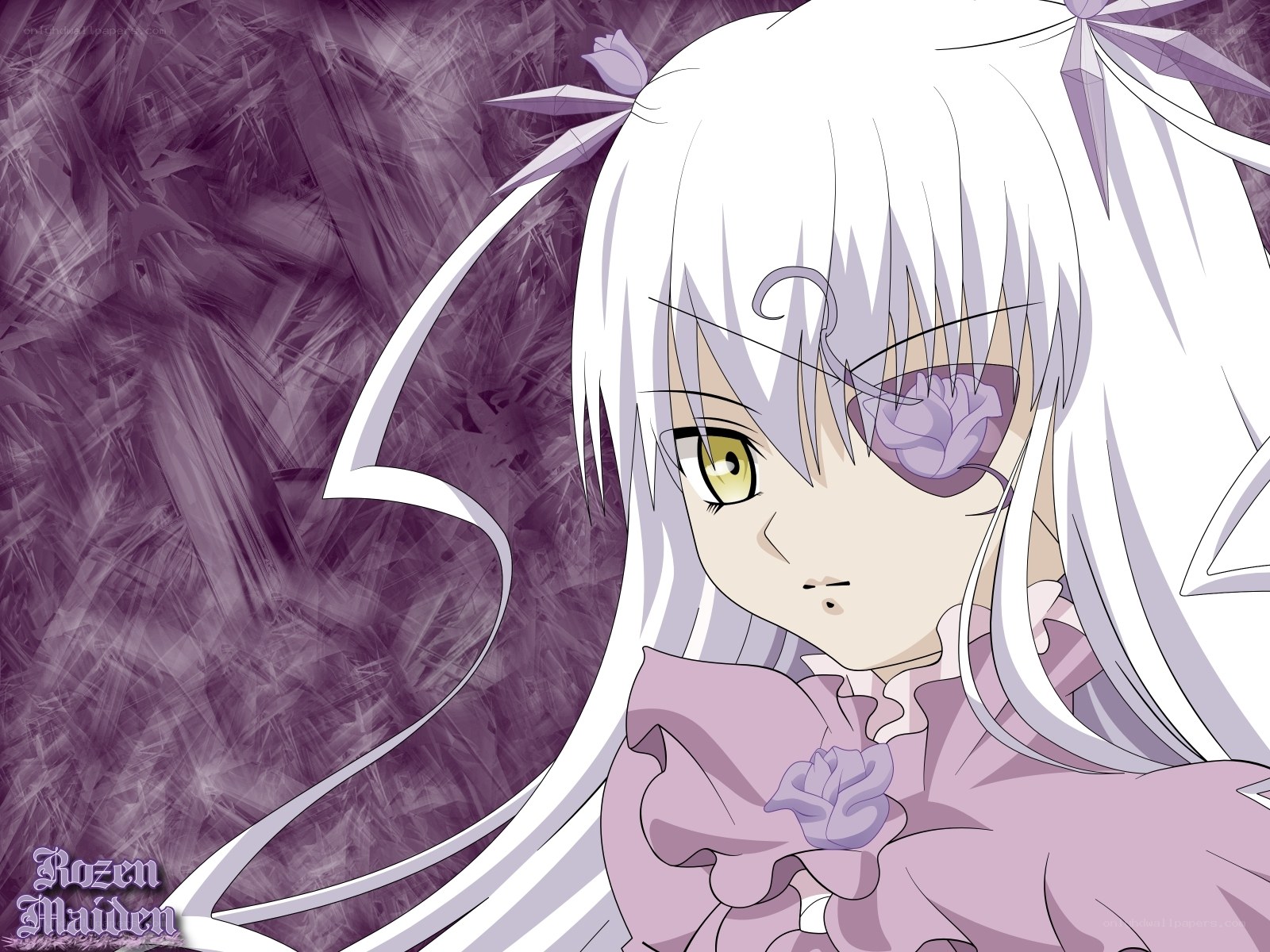 white-haired anime girl with purple dress