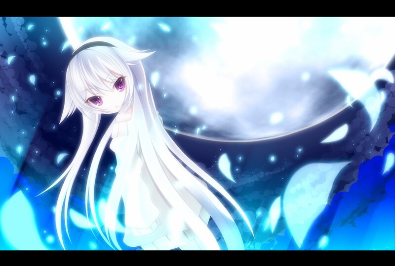 white-haired anime girl with purple eyes
