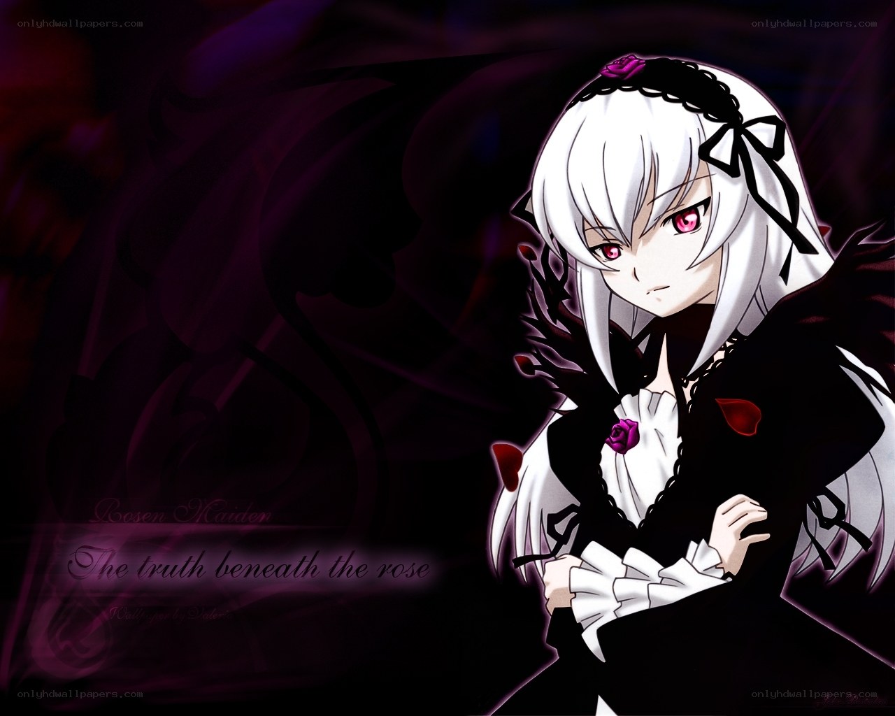 white-haired anime girl with roses