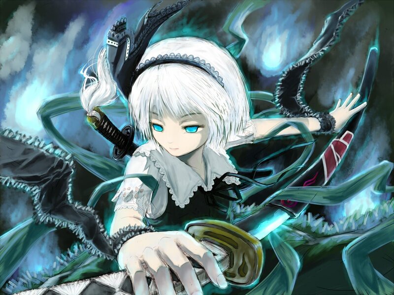 white-haired anime girl with swords