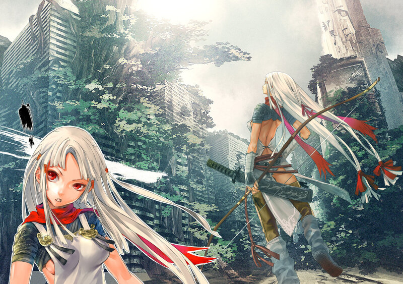 White-haired archer in a ruined city