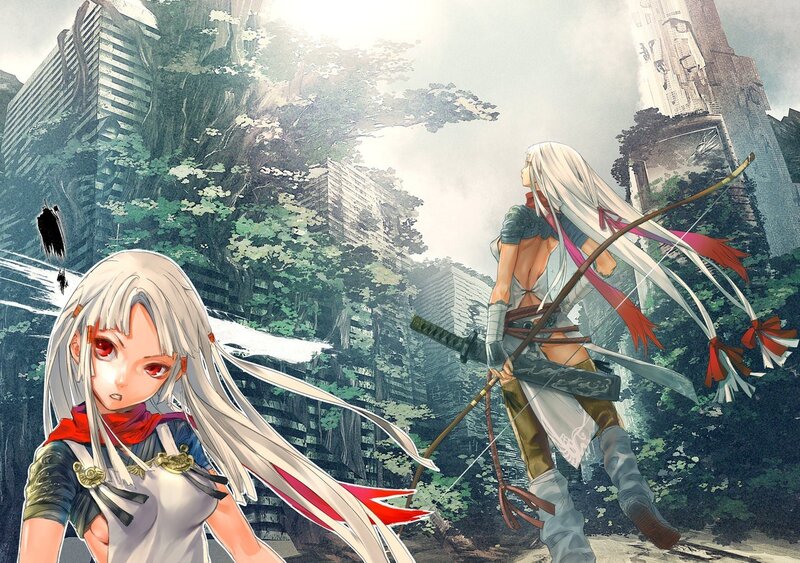 White-haired archer in a ruined city