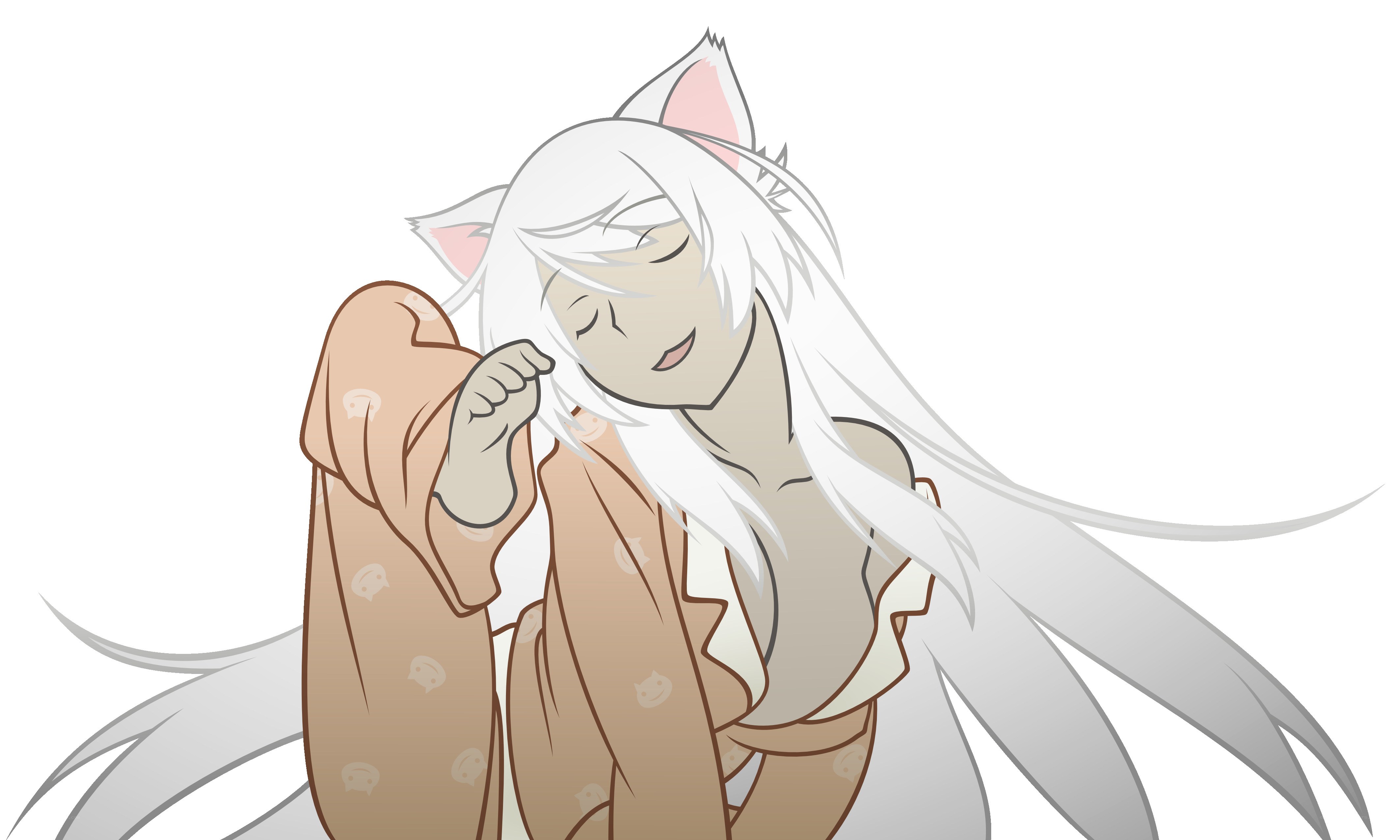 white-haired cat girl sleeping