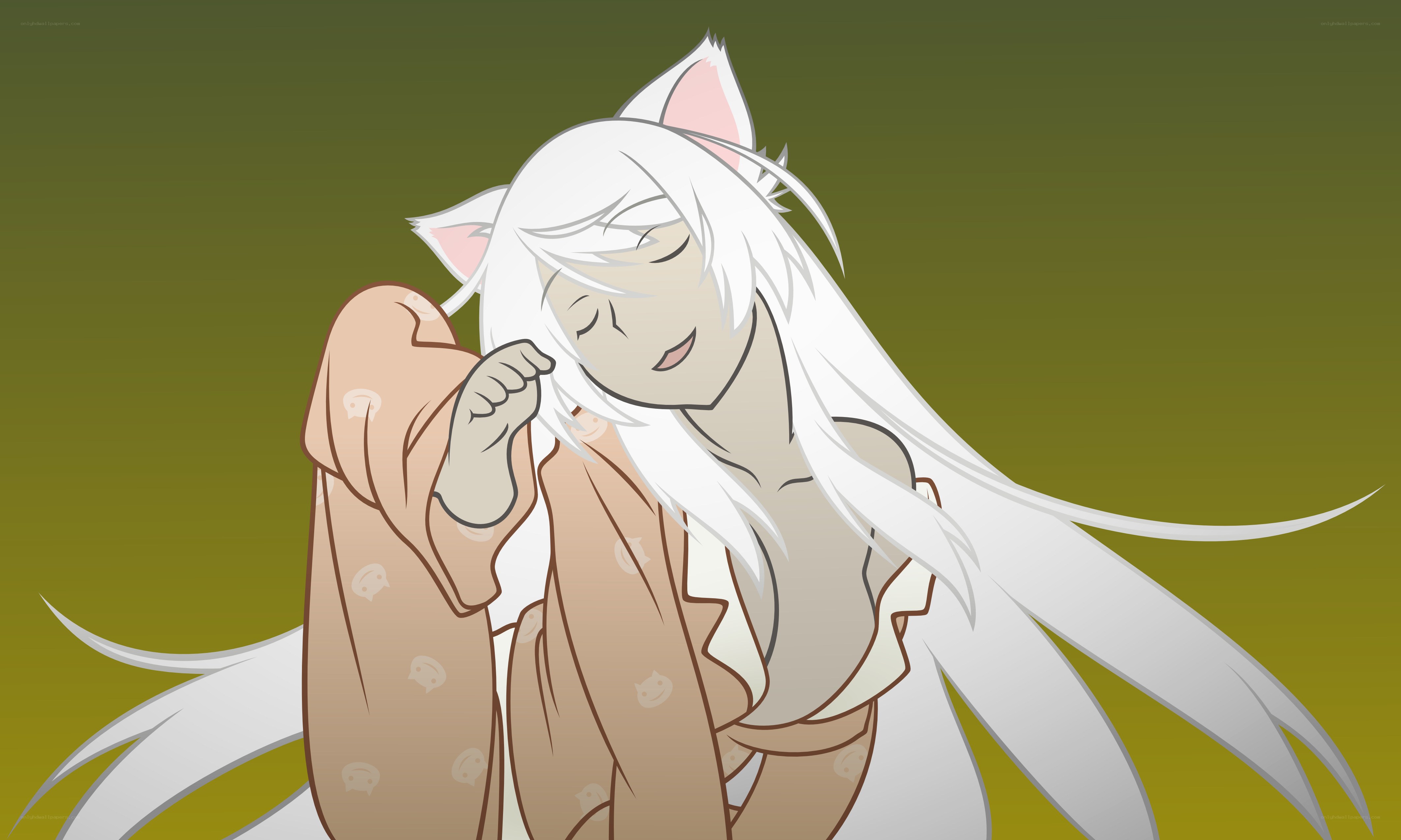 white-haired cat girl sleeping