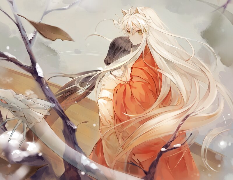 White-haired Character Hugging — Orange