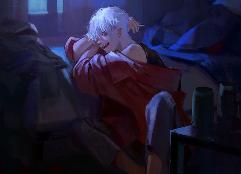 White-haired Character in Red Coat — Blue