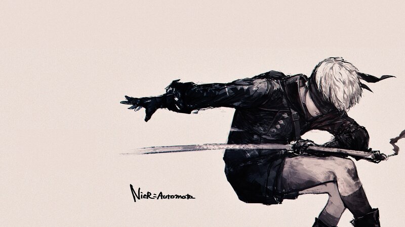 White-haired Character with Sword — Black, Dramatic, Digital Art