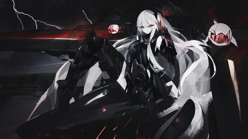 White-haired Character with Sword — Black, Dramatic, Night, Digital Art, Lightning