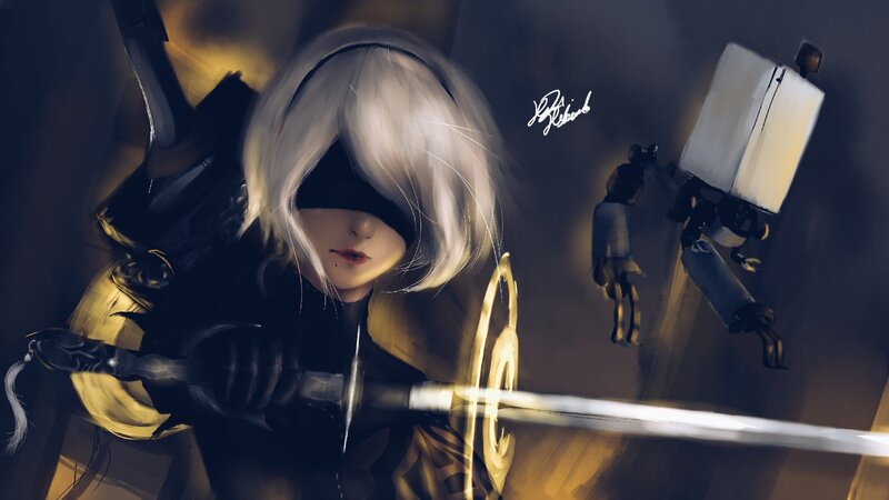 White-haired Character with Sword — Black, Dramatic, Night, Digital Art