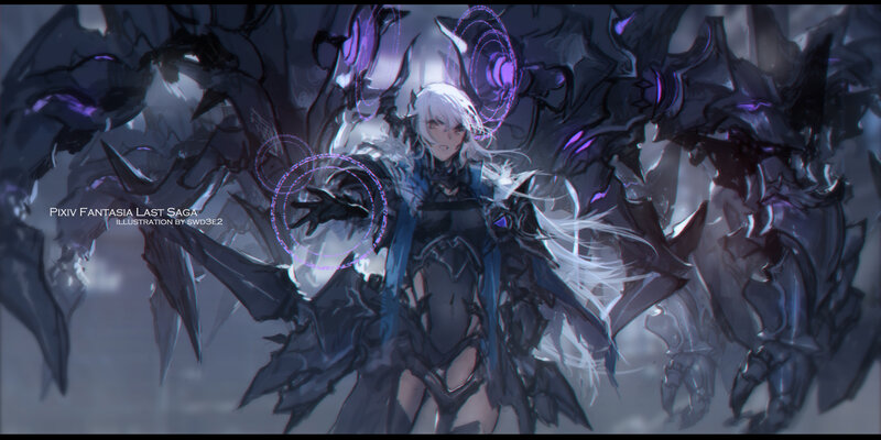 White-haired Character with Wings — Black, Dramatic, Digital Art, Armor