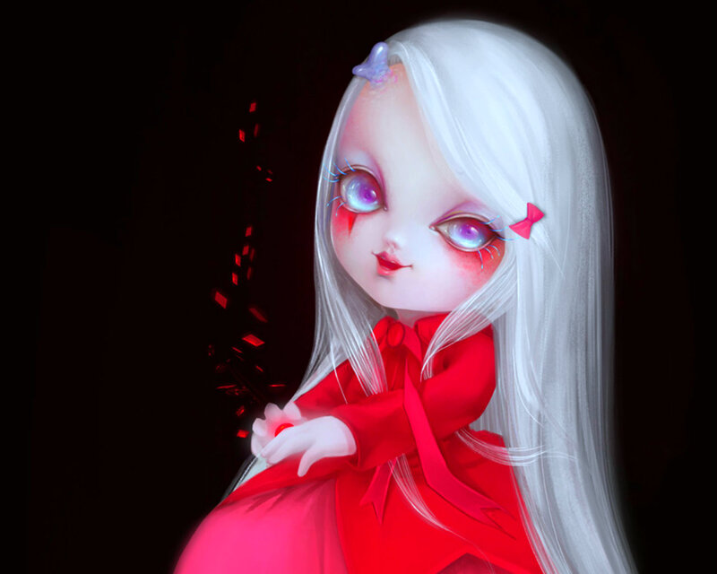 White-haired Doll in Red Dress — Dramatic