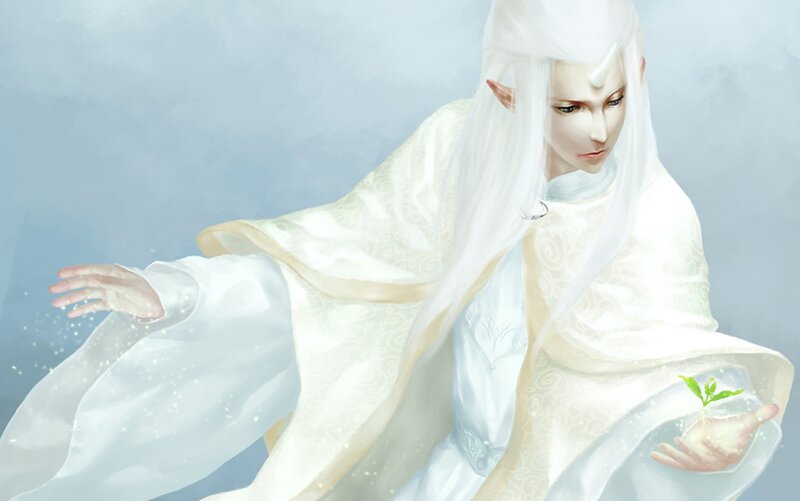 white-haired elf with plant
