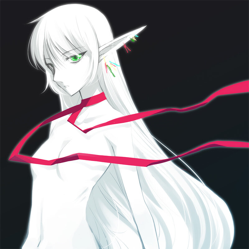 white-haired elf with red ribbon