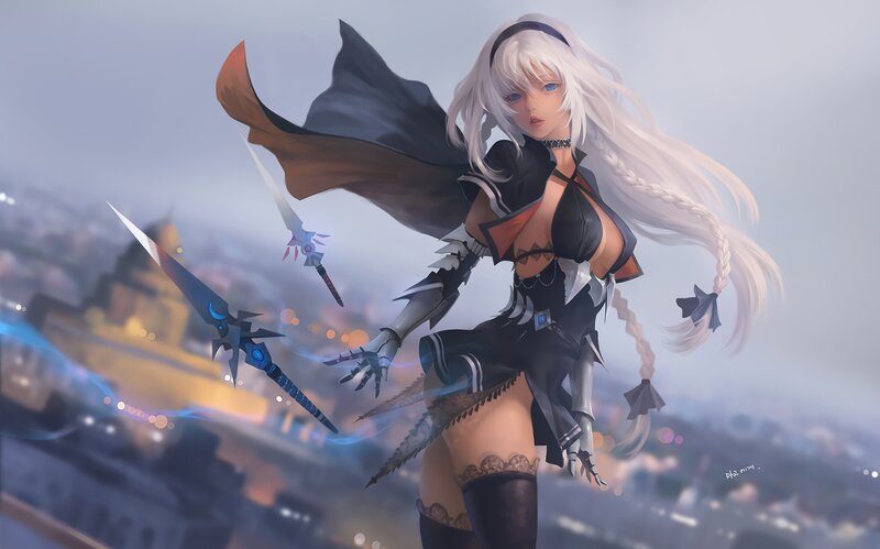 White-haired Female Warrior — Black, Dramatic, Night, Digital Art