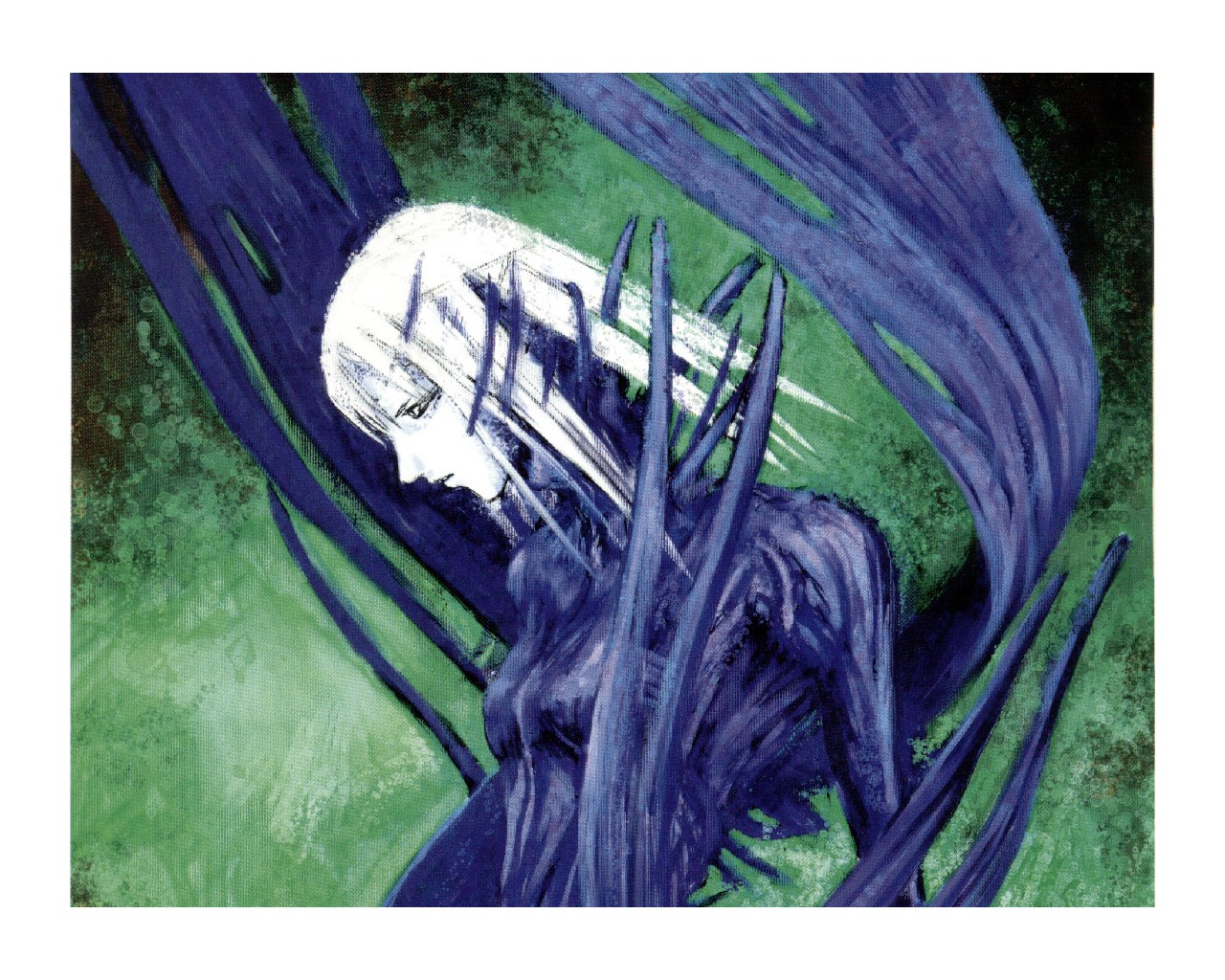 white-haired figure in dark foliage