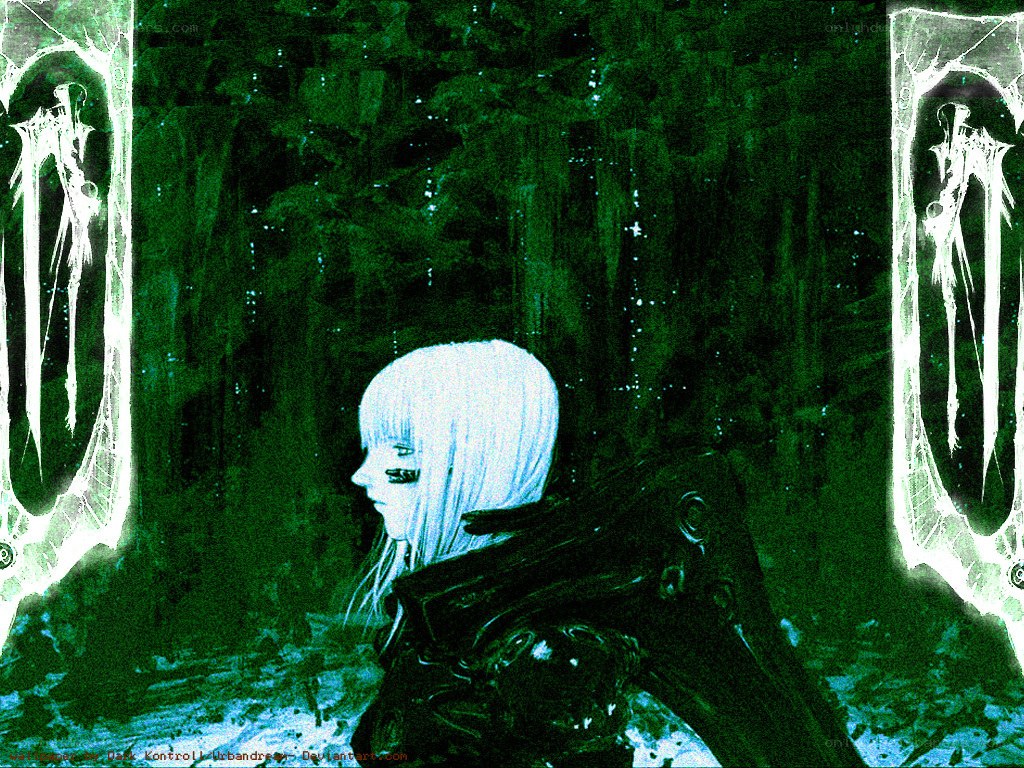 white-haired figure in dark forest