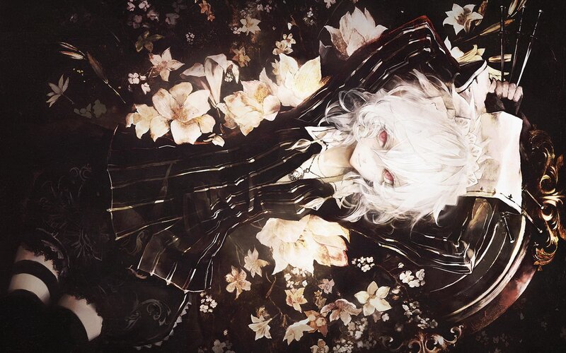 white-haired figure in floral scene