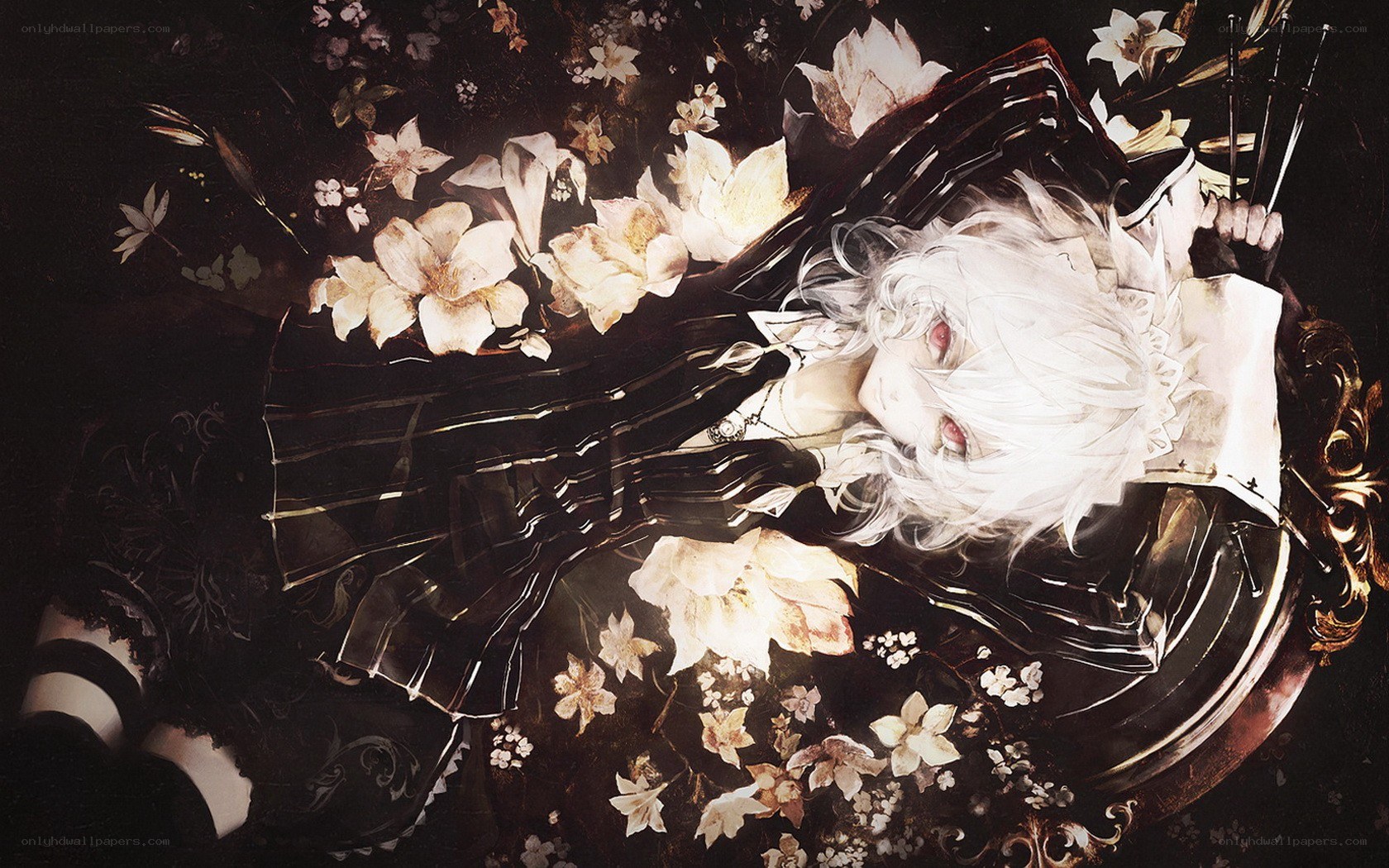 white-haired figure in floral scene