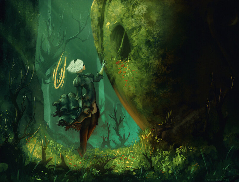 White-haired Figure in Forest — Green