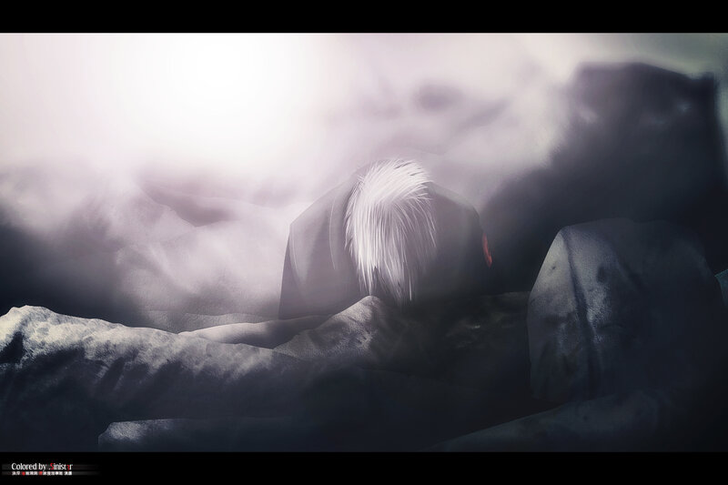 white-haired figure in mist
