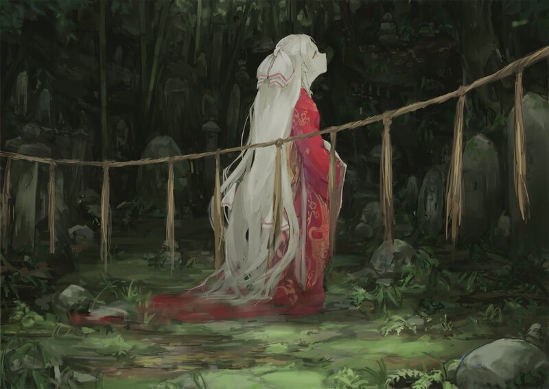 White-haired figure in red kimono