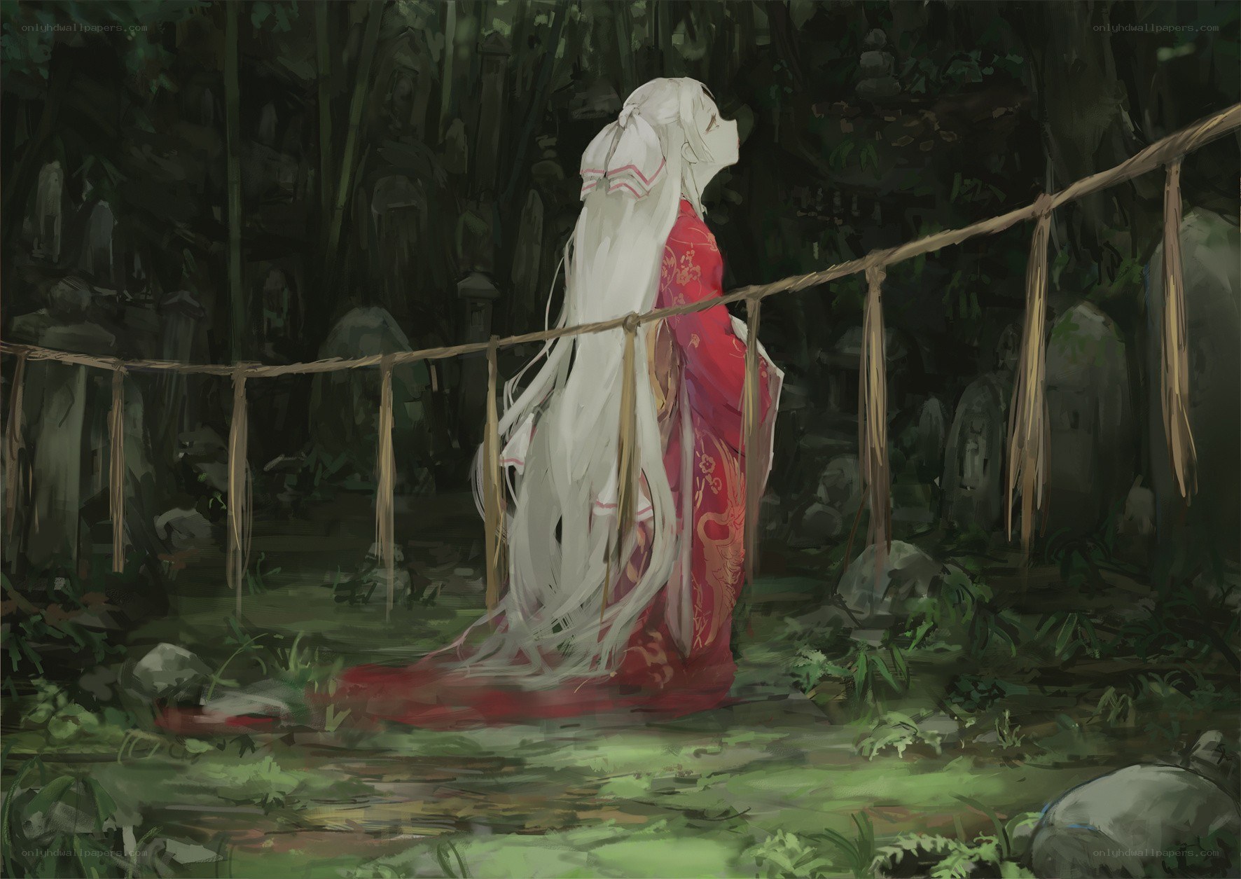 White-haired figure in red kimono