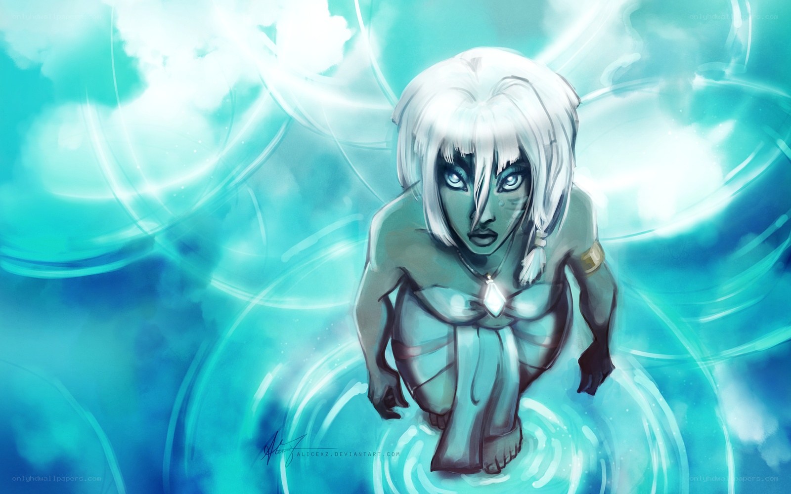 white-haired figure in water