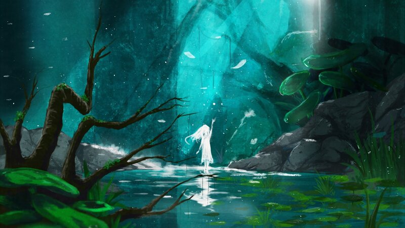 White-haired Figure in Water — Teal