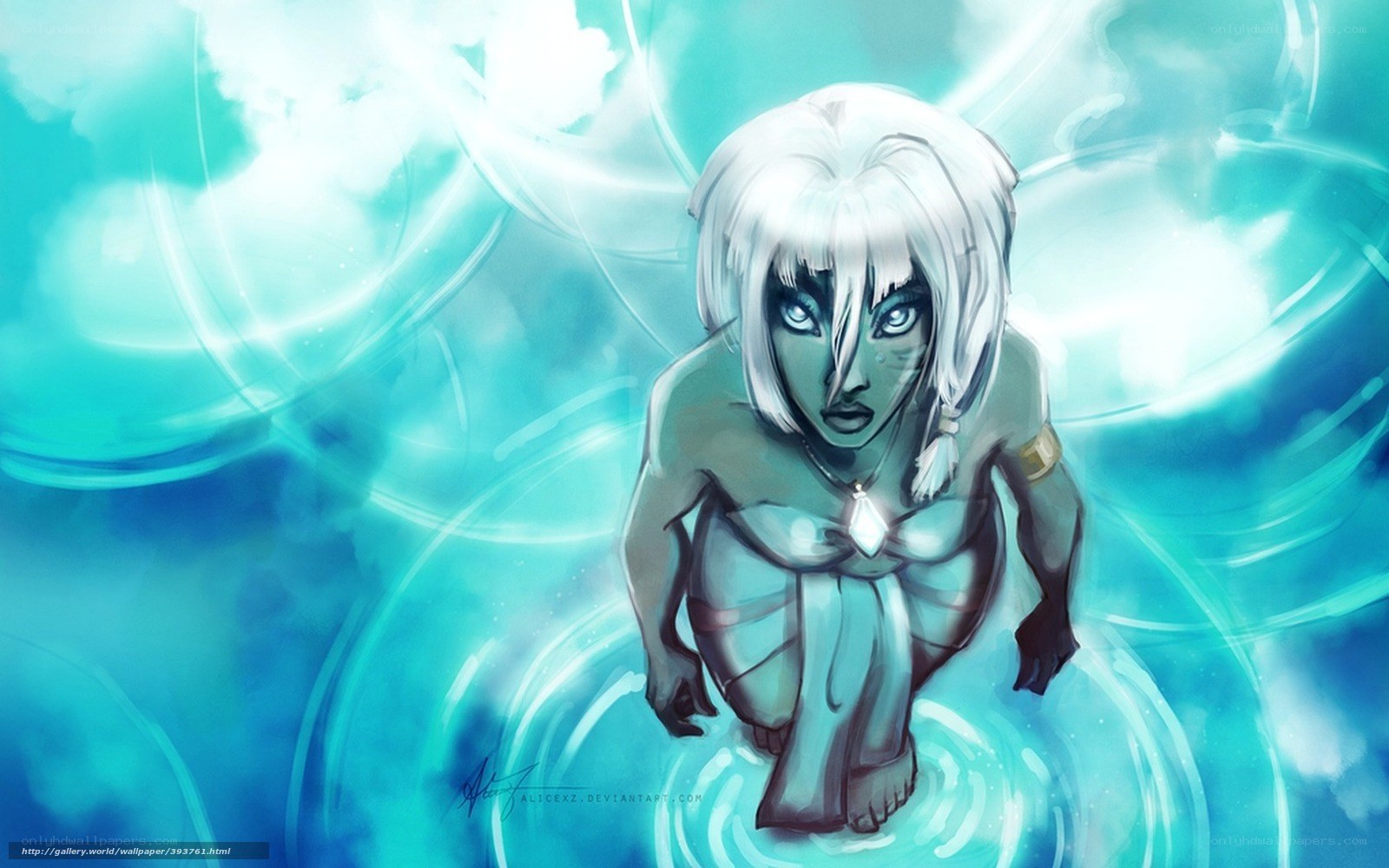 white-haired figure in water