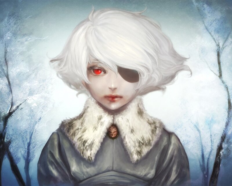 white-haired figure in winter