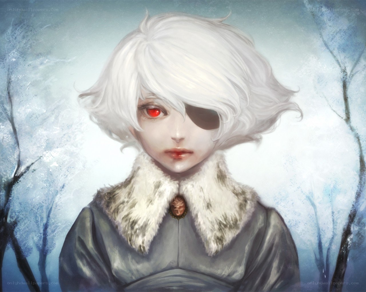 white-haired figure in winter