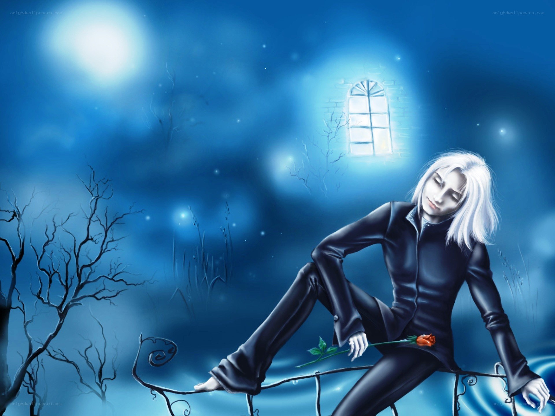 White-haired figure on a bench