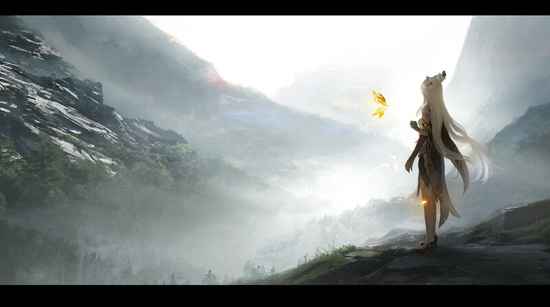White-haired Figure on Cliff — Gray