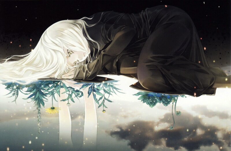 White-haired figure sleeping on water