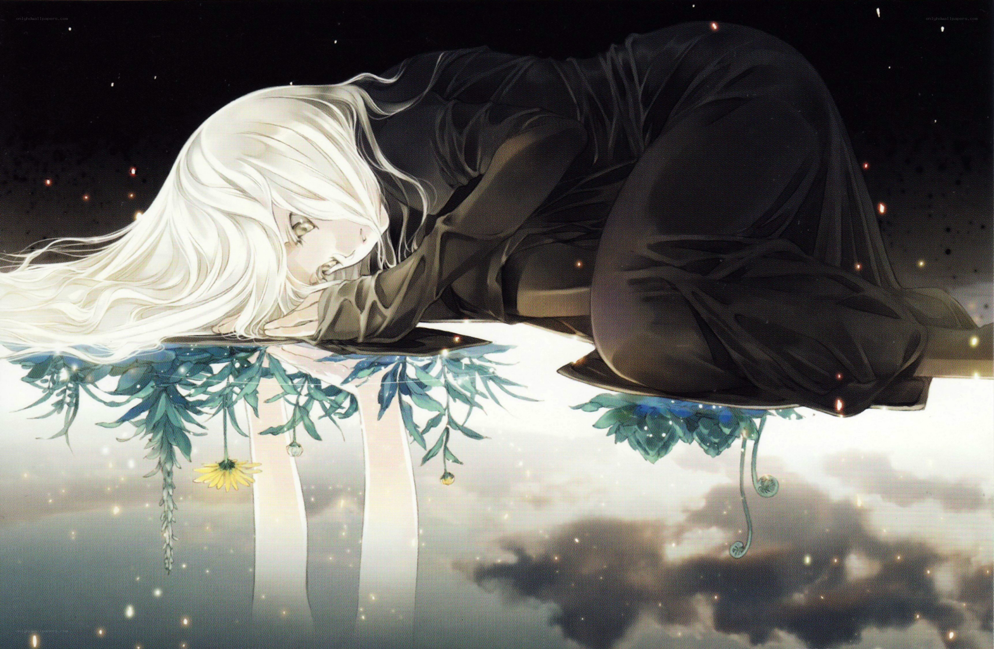 White-haired figure sleeping on water
