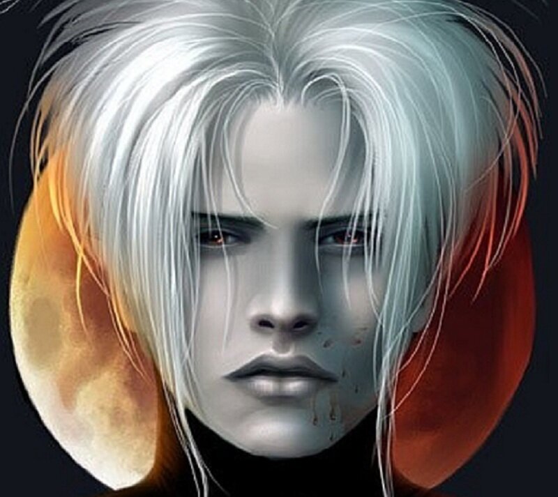 white-haired figure with blood