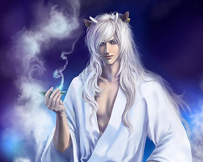 White-haired figure with horns