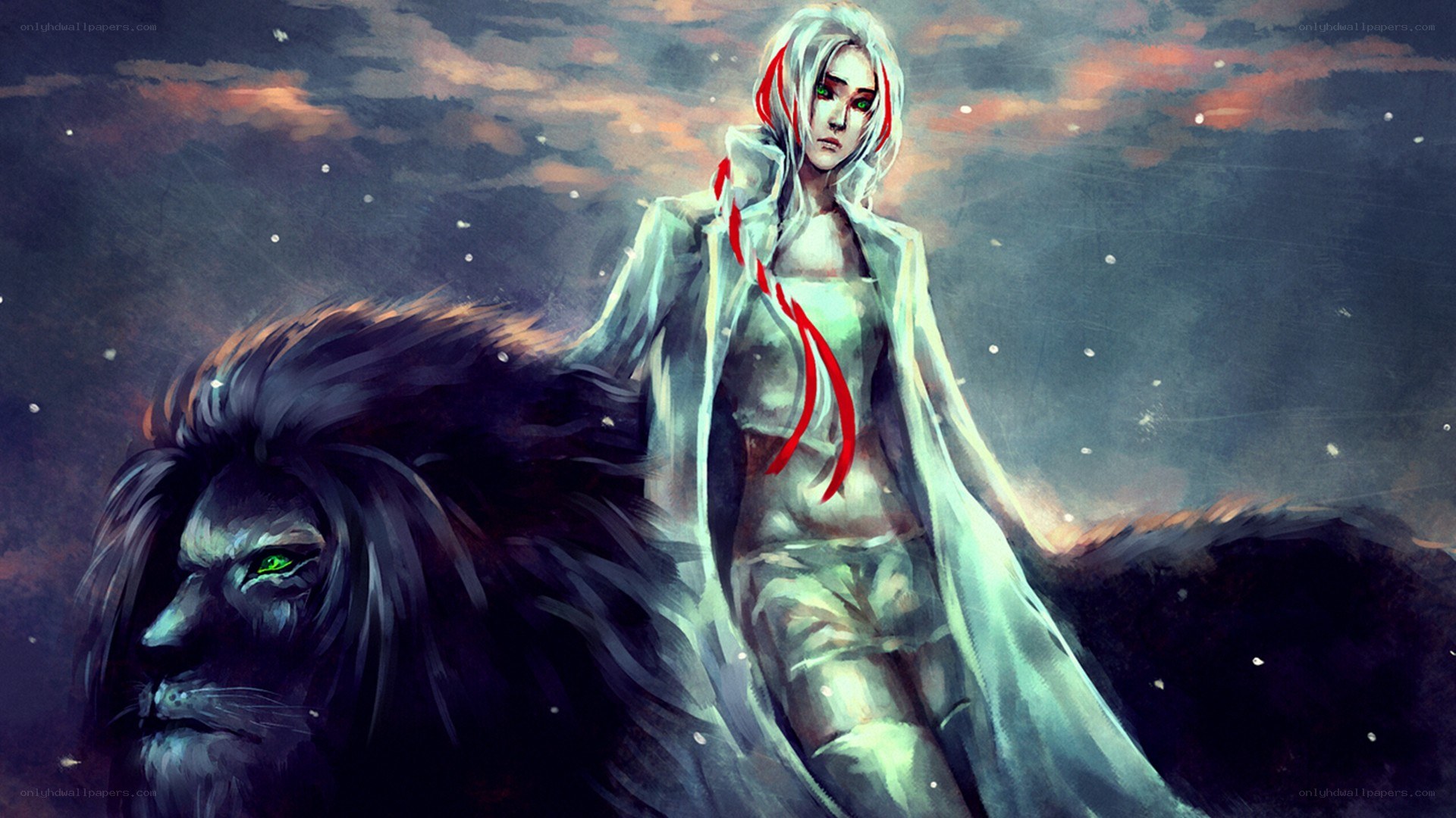 white-haired figure with lion
