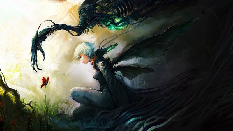 White-haired Figure with Mechanical Arm — Green